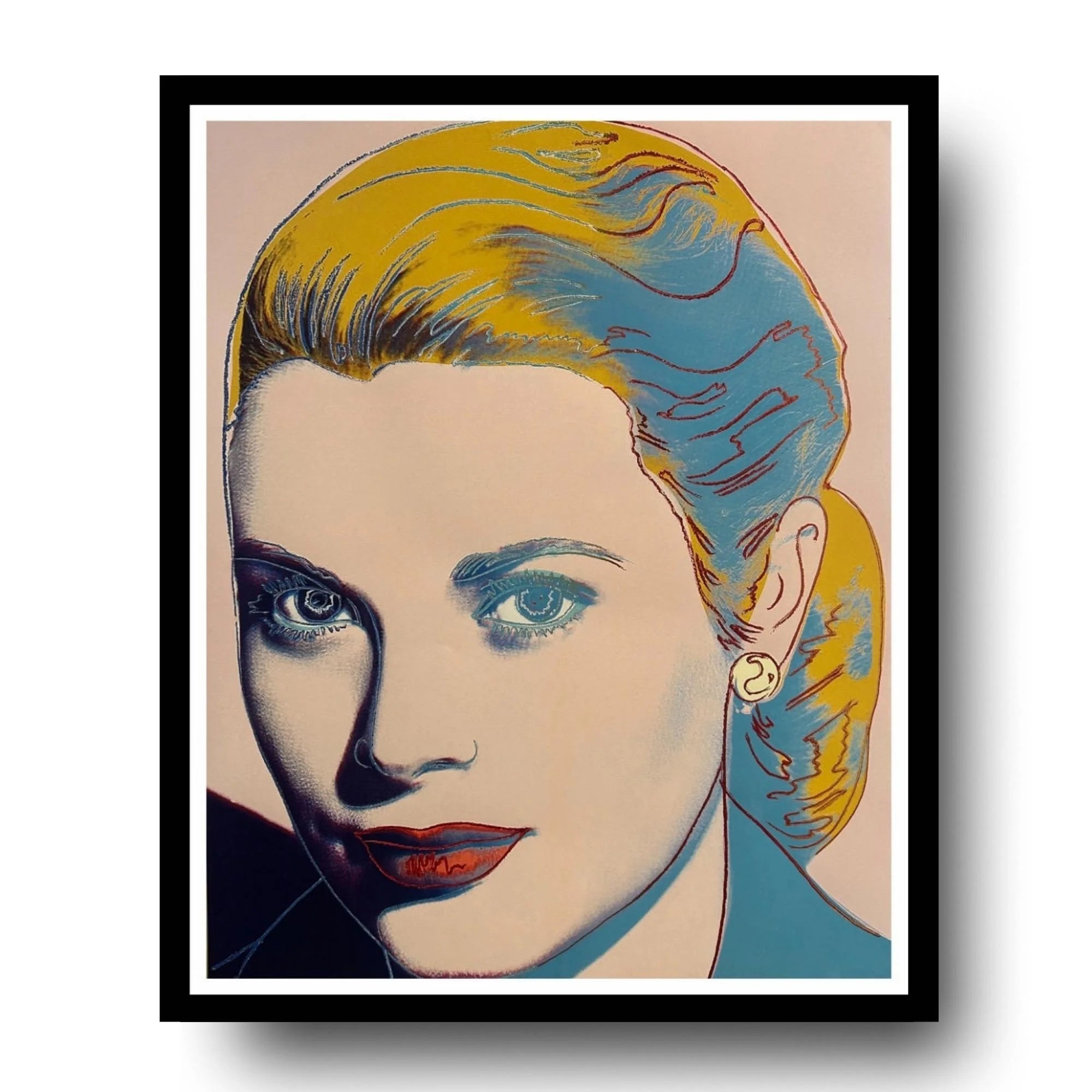 Framed artwork of a stylized portrait with colorful hair and earrings.